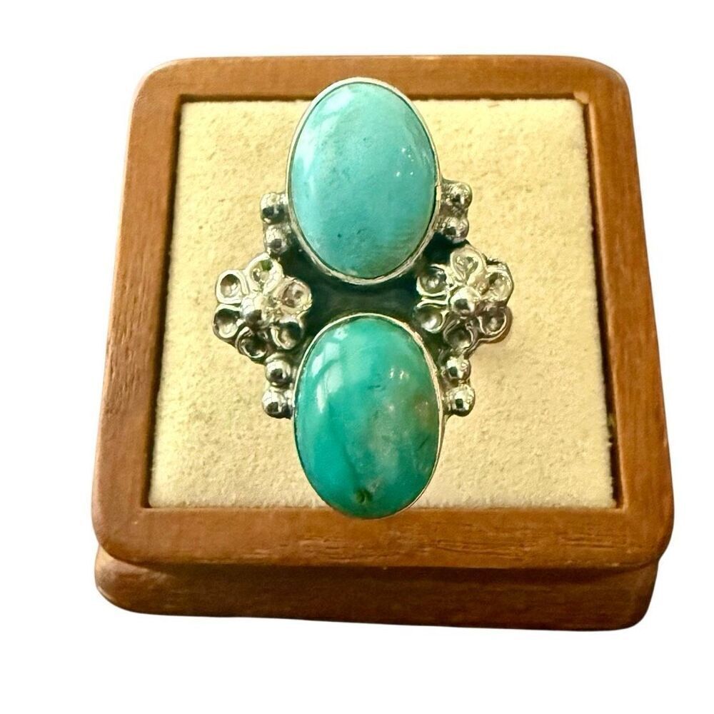 Southwestern Kingman Double Turquoise Statement Ring Sterling Silver Adjustable